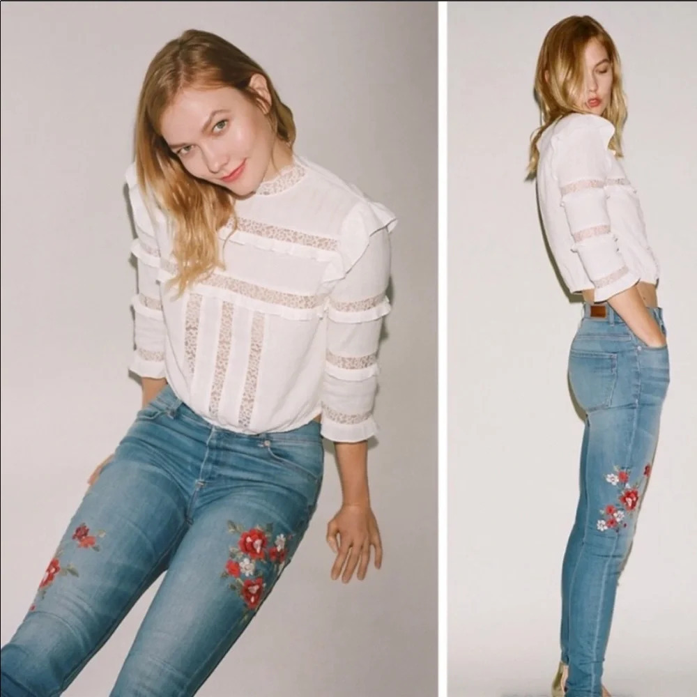 Express Blue High Rise Jeans with Floral Embroidery